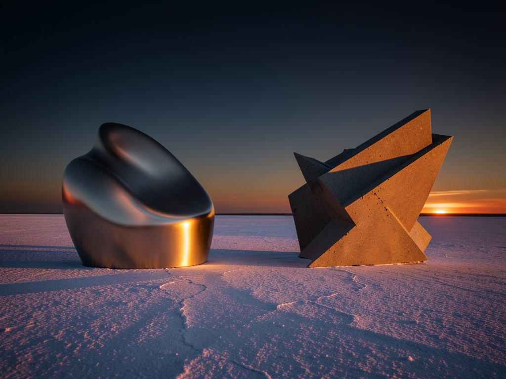 sleek aerodynamic forms standing flat white salt flat