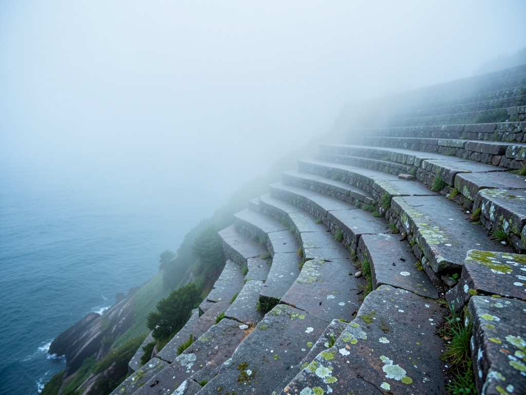 fog draped coastal cliffside with smooth weathered stone terraces