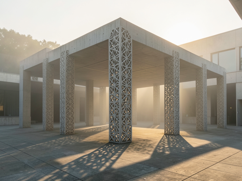 vast concrete pavilion with parametric lattice columns casting
