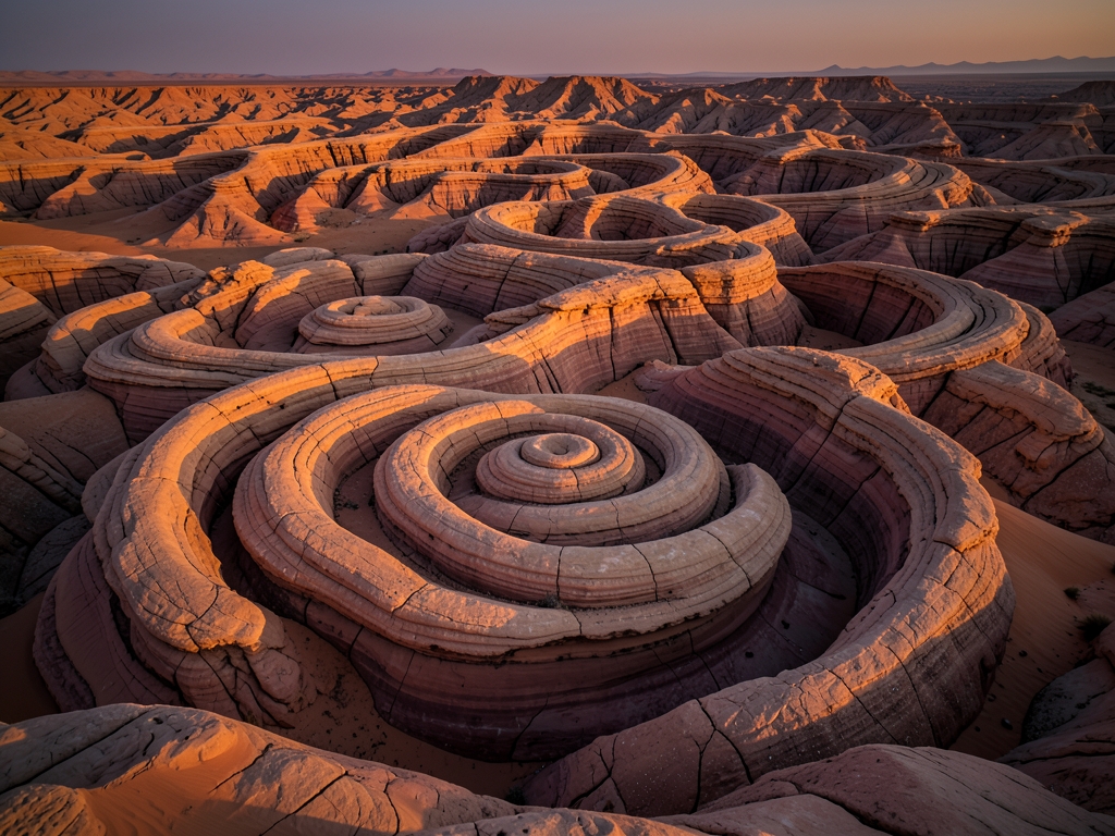 vast desert plateau dusk with wind sculpted sandstone formations
