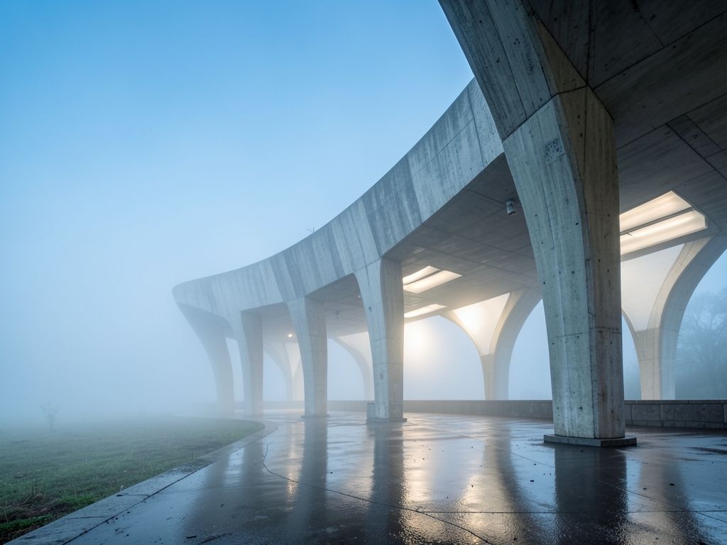 sweeping concrete pavilion with organic flowing columns rising