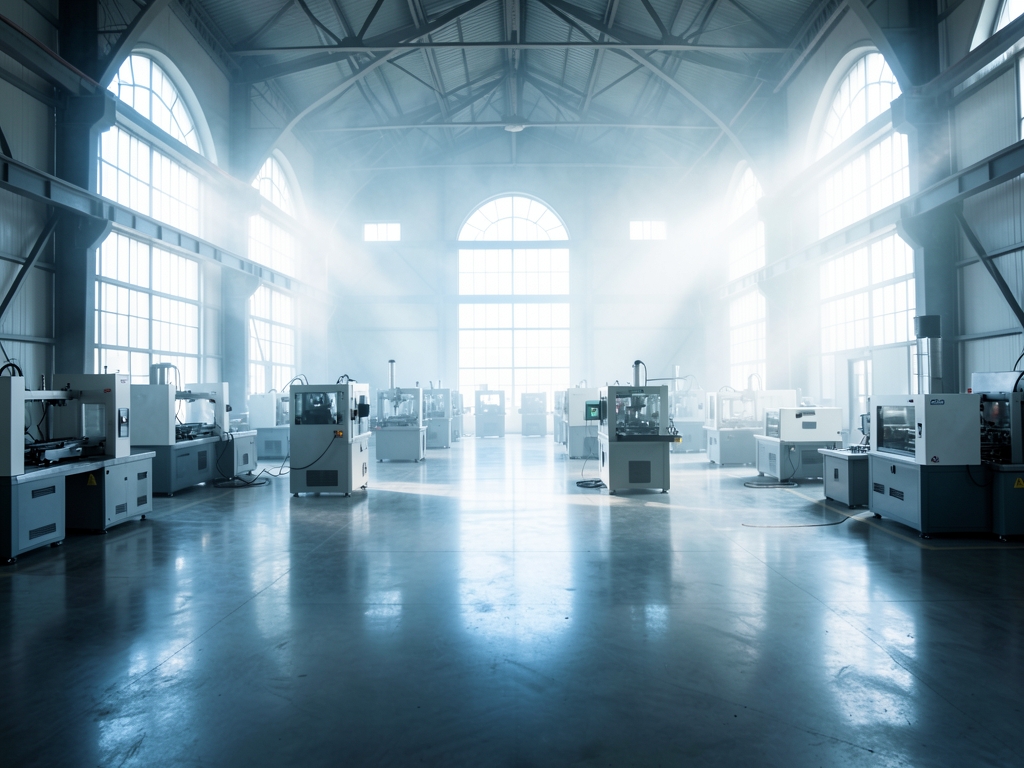 vast open plan factory floor bathed cool morning light