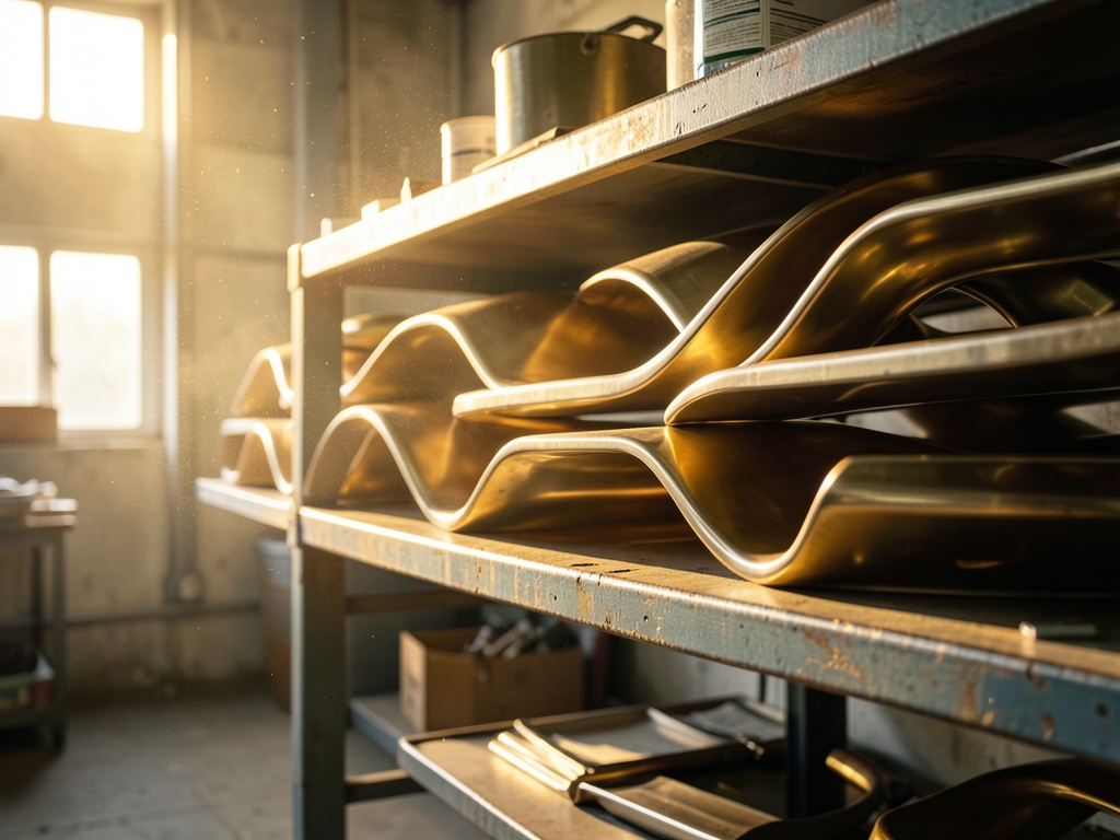 sunlit industrial workshop with curved organic metal forms