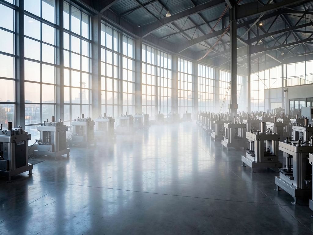 vast open plan factory dawn with soft silver light