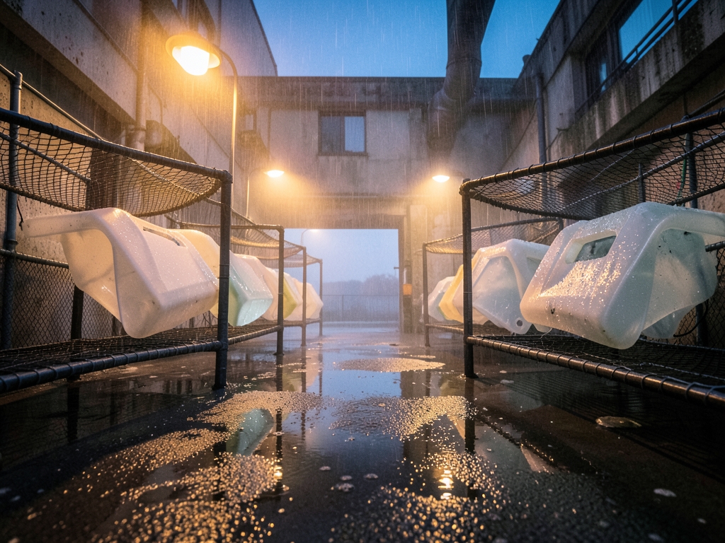 rain drenched industrial courtyard twilight where translucent polymer parts