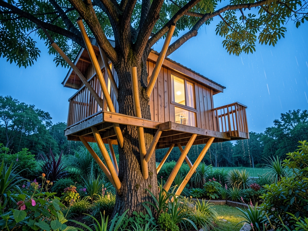 Wide shot sustainable garden treehouse dusk slender optimized
