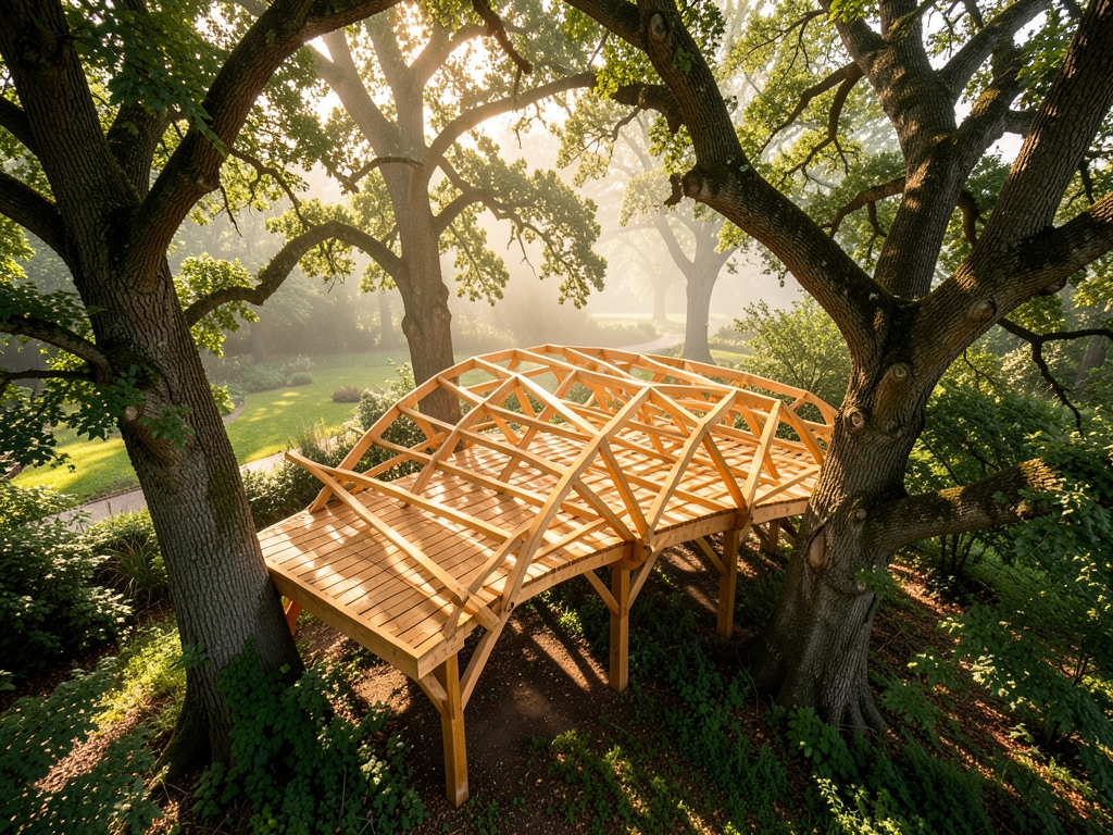 Aerial view curved timber treehouse platform nestled among