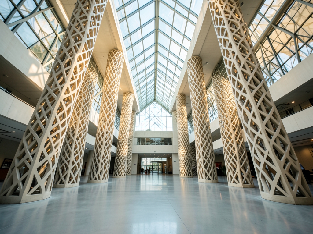 vast architectural atrium with parametric lattice columns soft