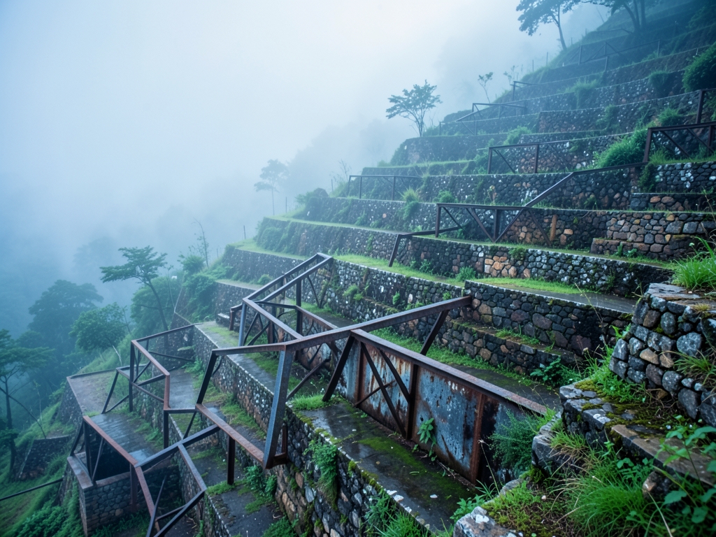 misty hillside with geometric terraced structures steel weathered