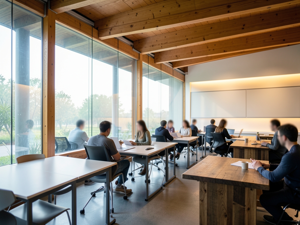 Modern hybrid learning hall where warm timber beams