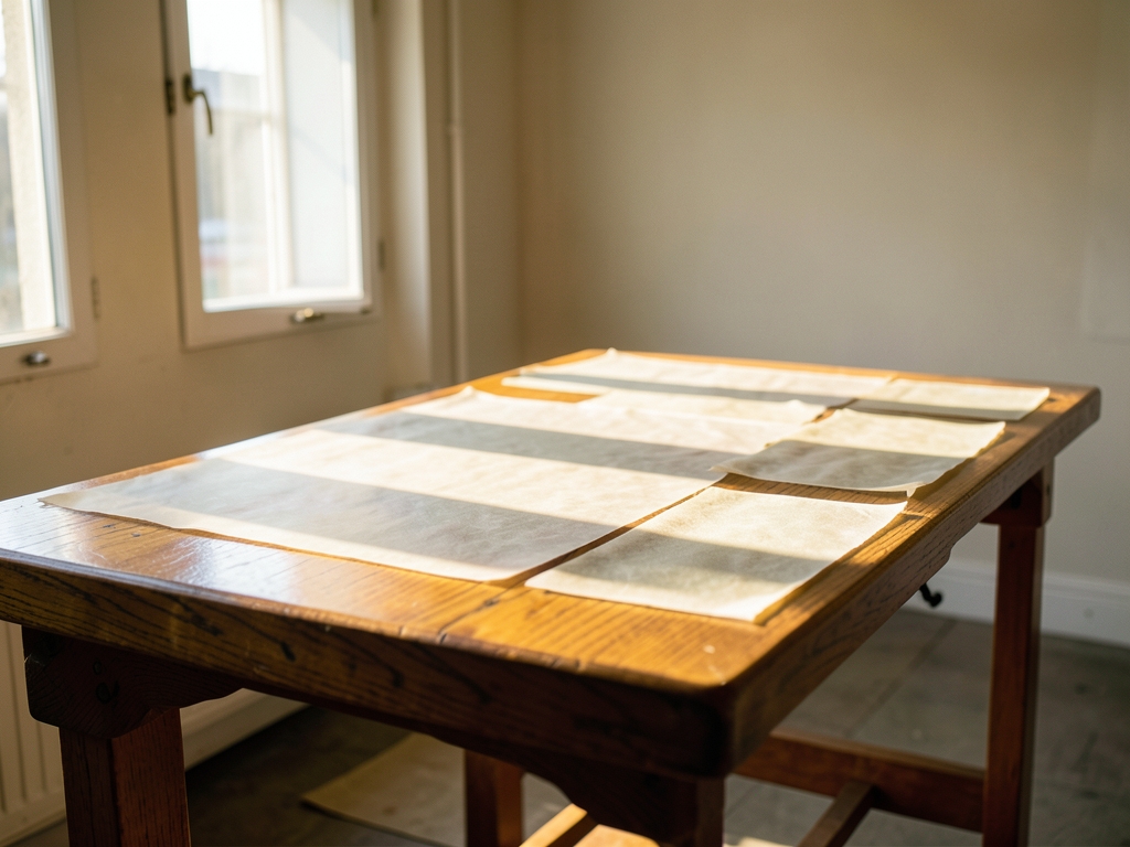 Sunlit atelier with vellum sheets drafting table warm