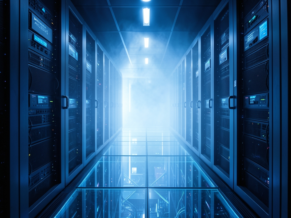 Cool blue server corridor with glass floors steel