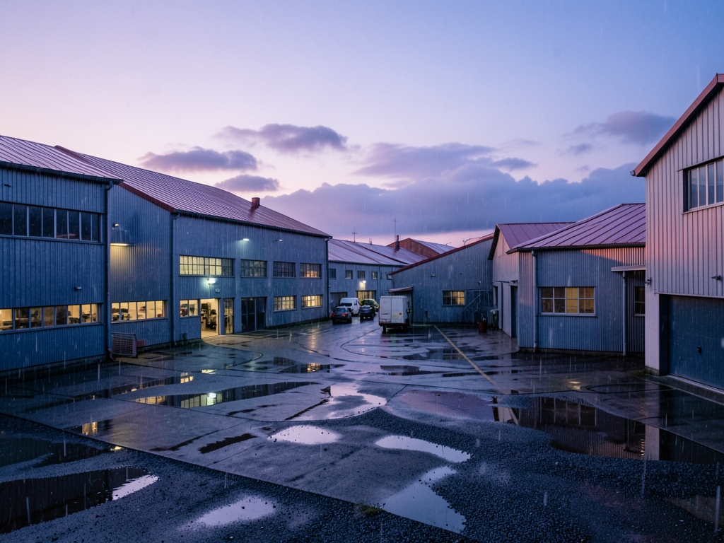 sprawling industrial district dusk steel warehouses copper colored rooftops