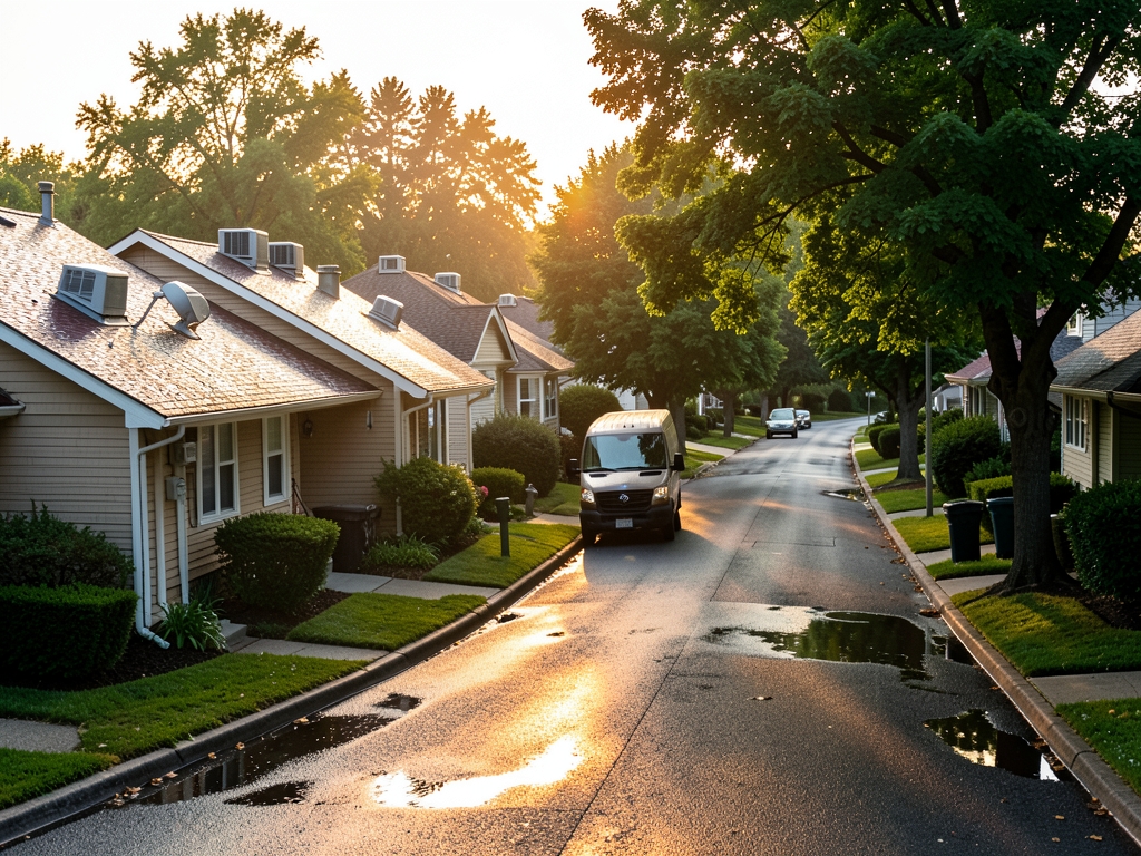 warm dawn over quiet suburban neighborhood golden light