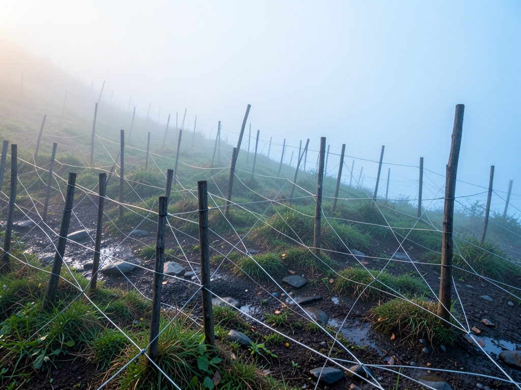 fog drenched hillside dawn where lattice wooden stakes thin