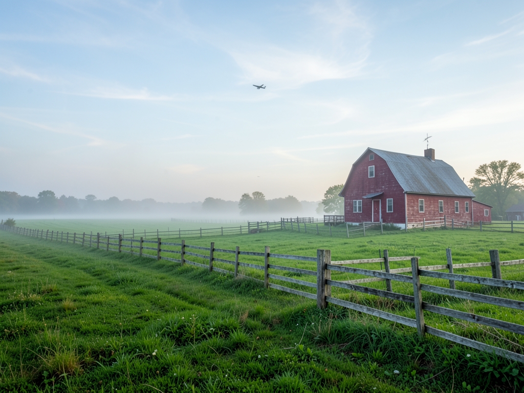Rolling Kentucky green pasture with wooden fences barn