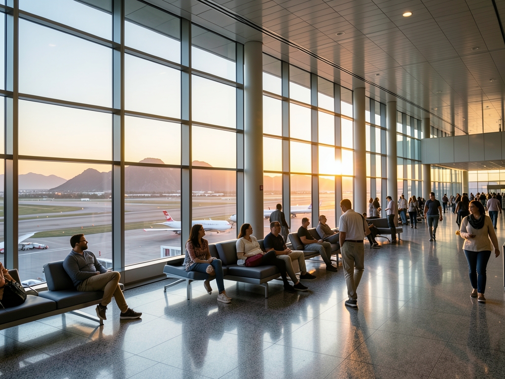 Bright modern airport concourse with glass walls overlooking
