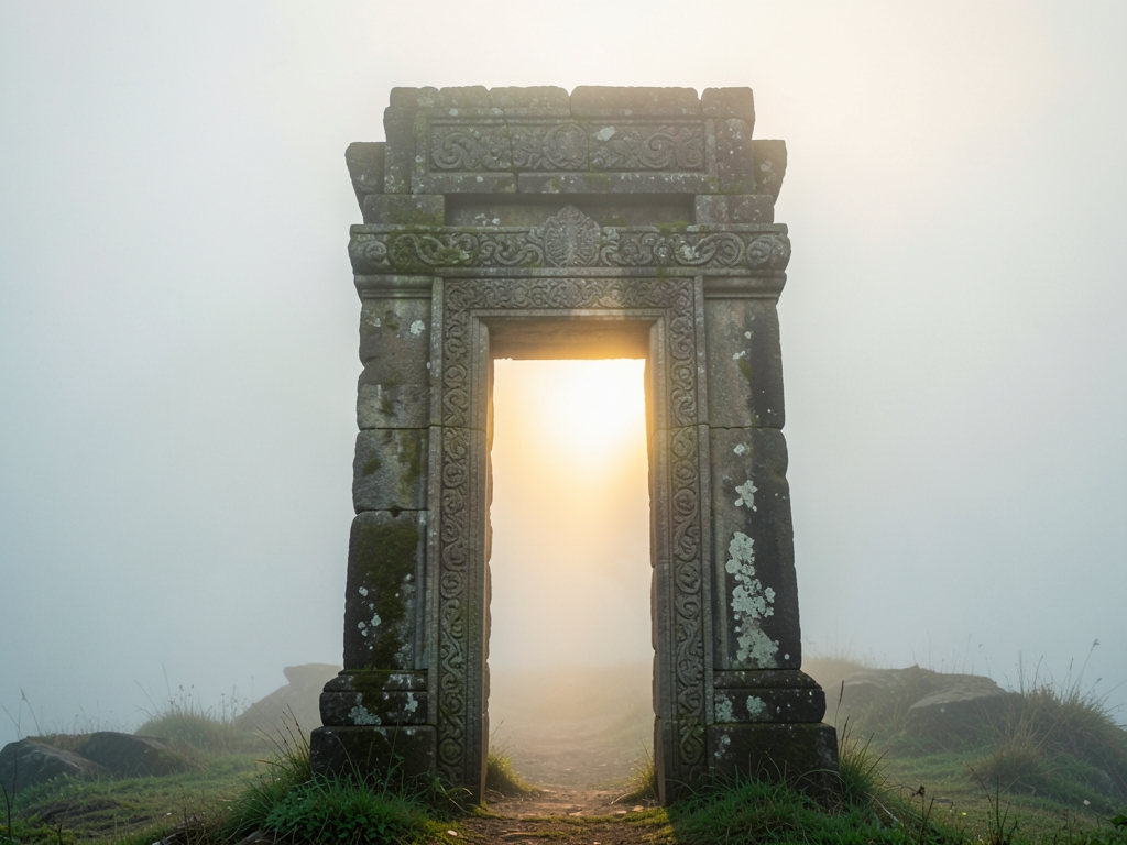 narrow stone gateway under pale morning mist soft