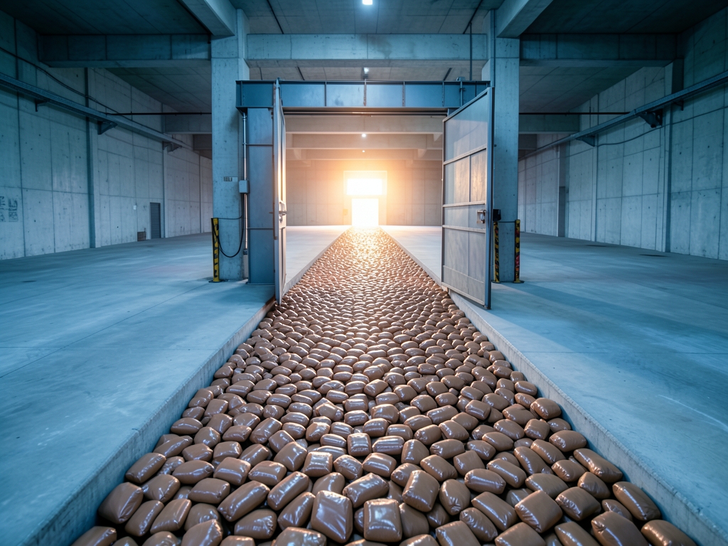 Sunrise vast concrete sorting hall dense river plain