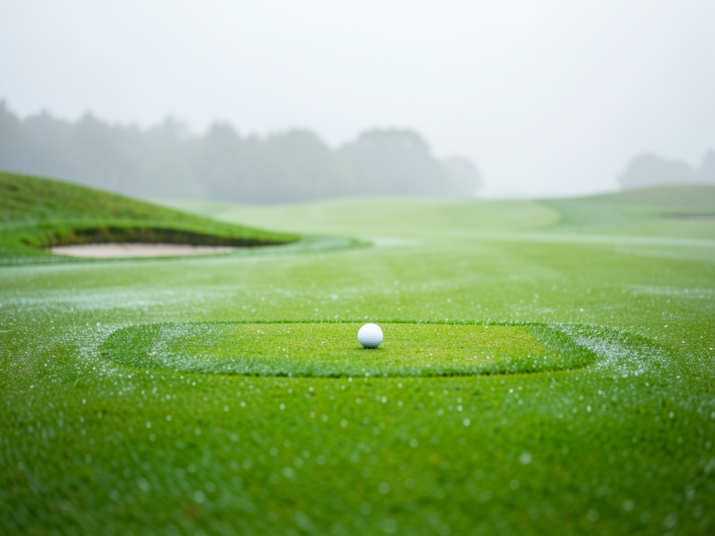 Ground level view from wide dew soaked fairway hole bending