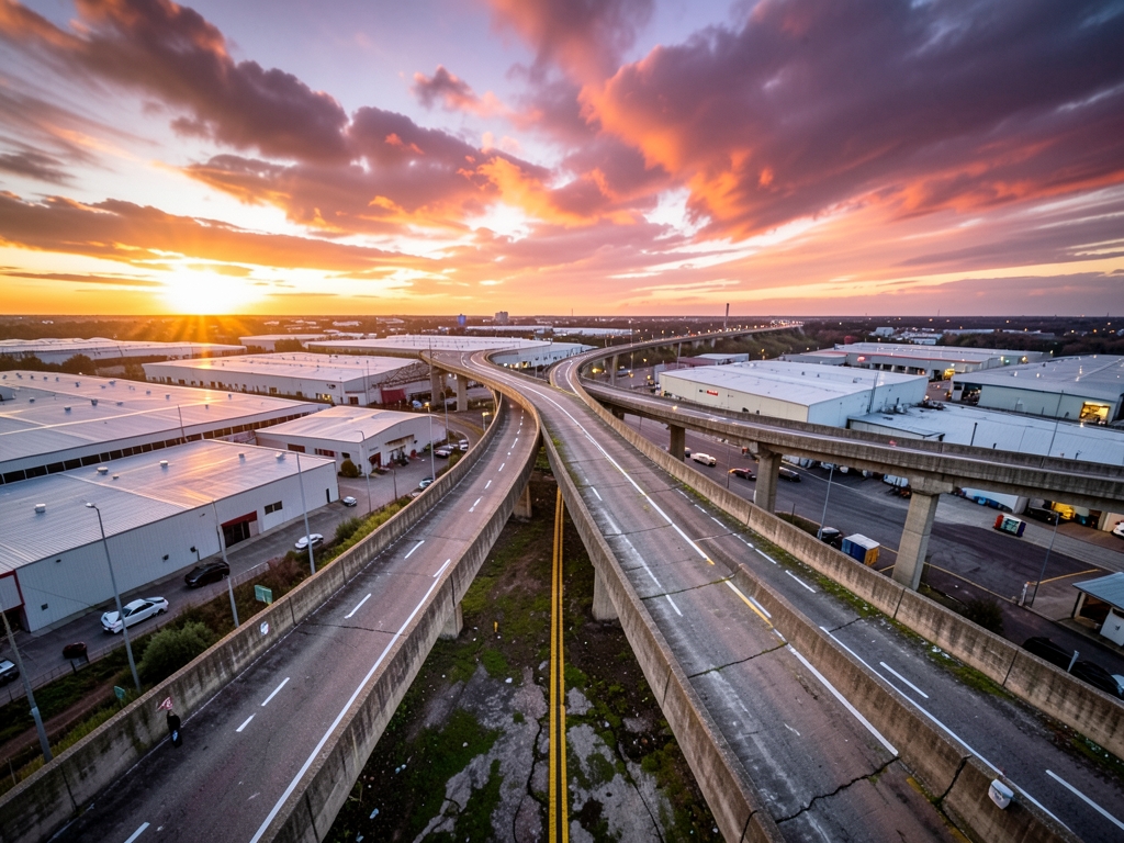 Forked concrete highway interchange above sprawling distribution warehouses