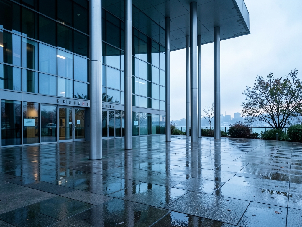 Modern glass courthouse plaza dawn with steel columns