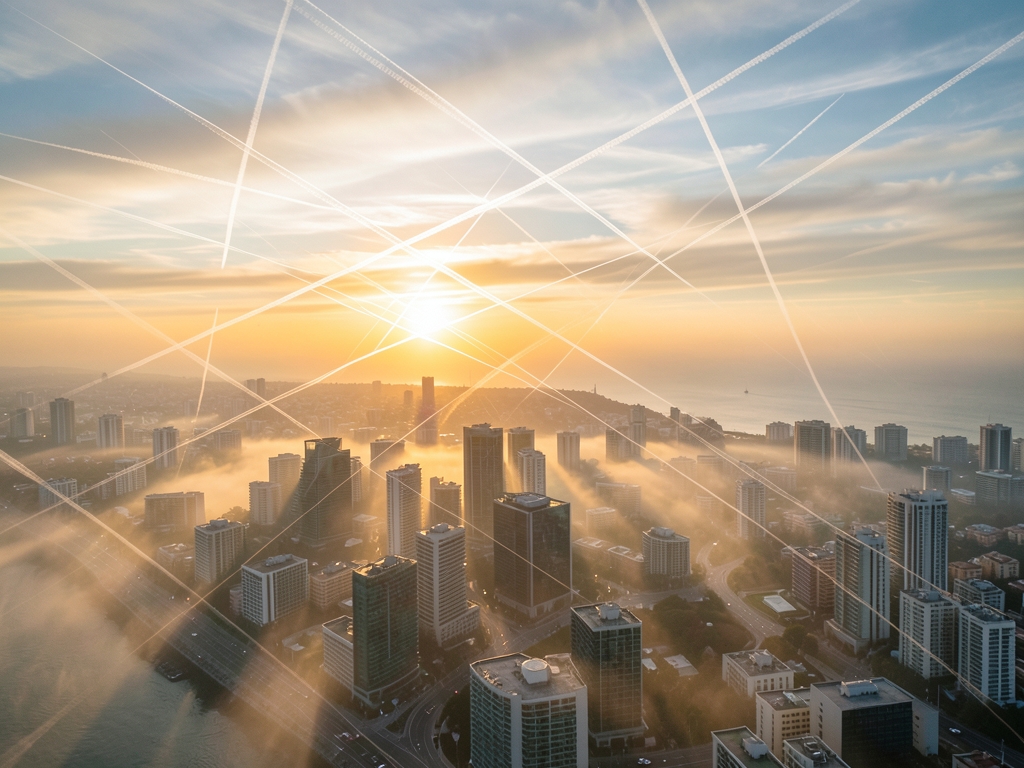Aerial view intersecting flight paths over misty coastal