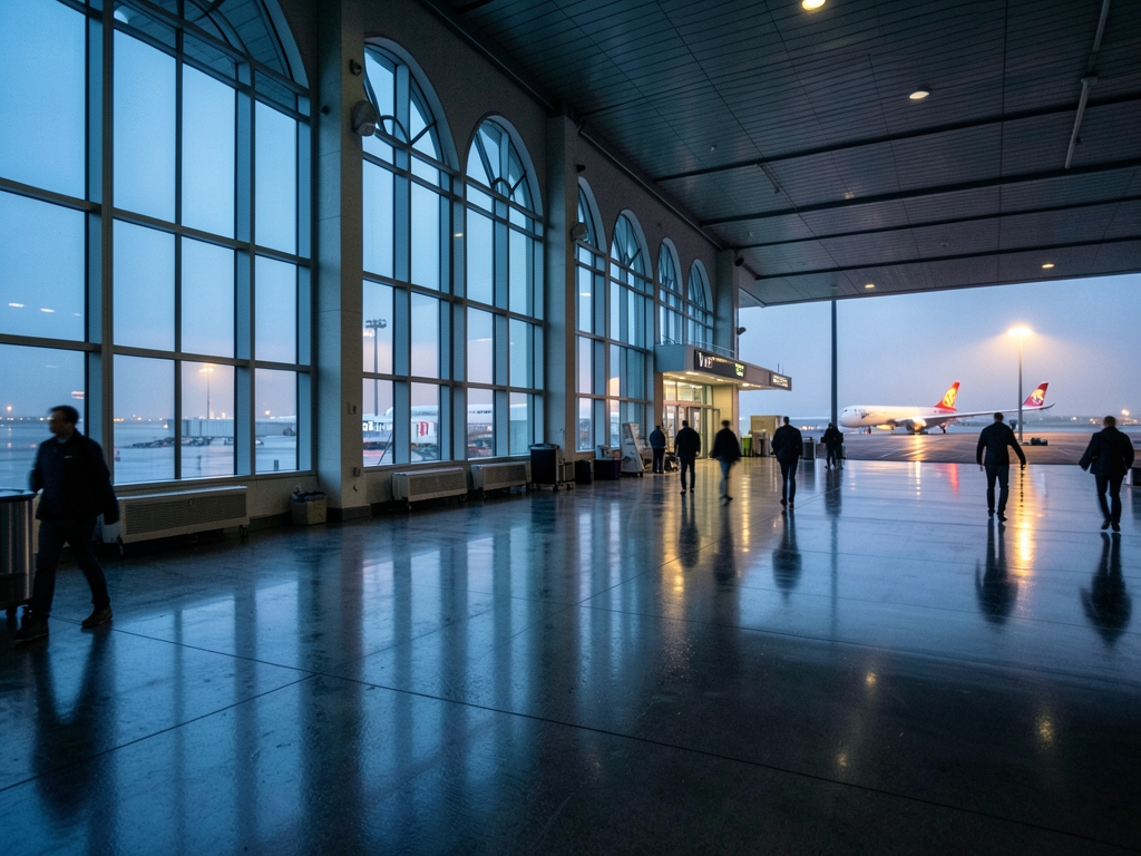 rain soaked airport terminal twilight with tall arched windows