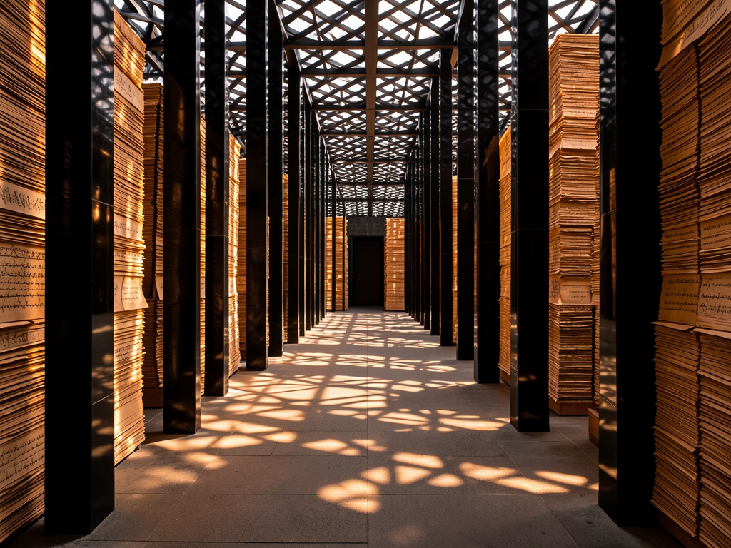 Sunlight streams through geometric lattice polished obsidian pillars