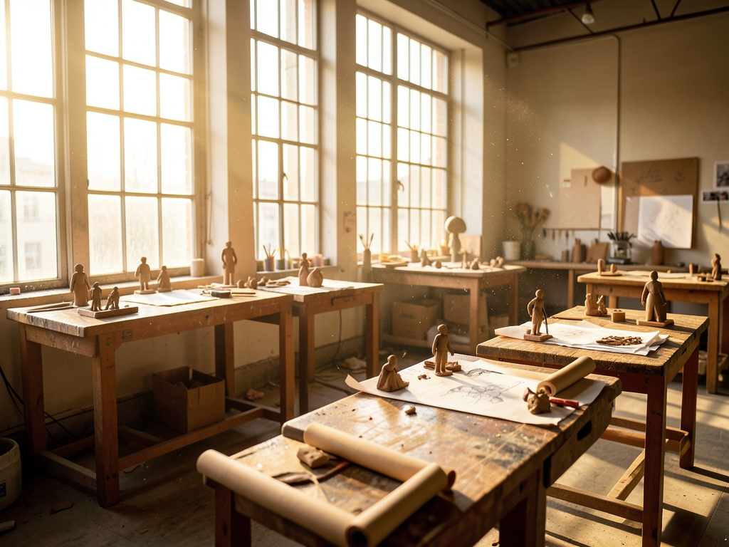 sunlit open plan workshop with wooden workbenches scattered clay