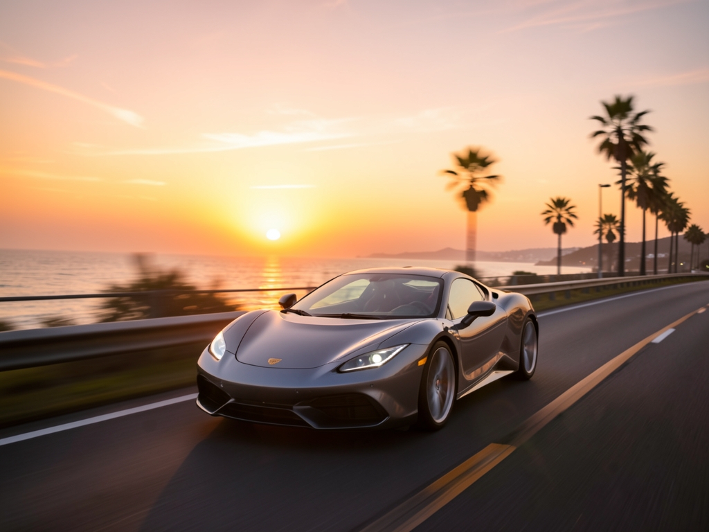 Coastal highway golden hour with performance speeding past