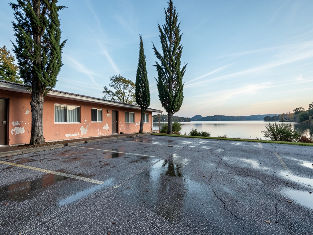 gravel parking front low rise motel with cypress trees