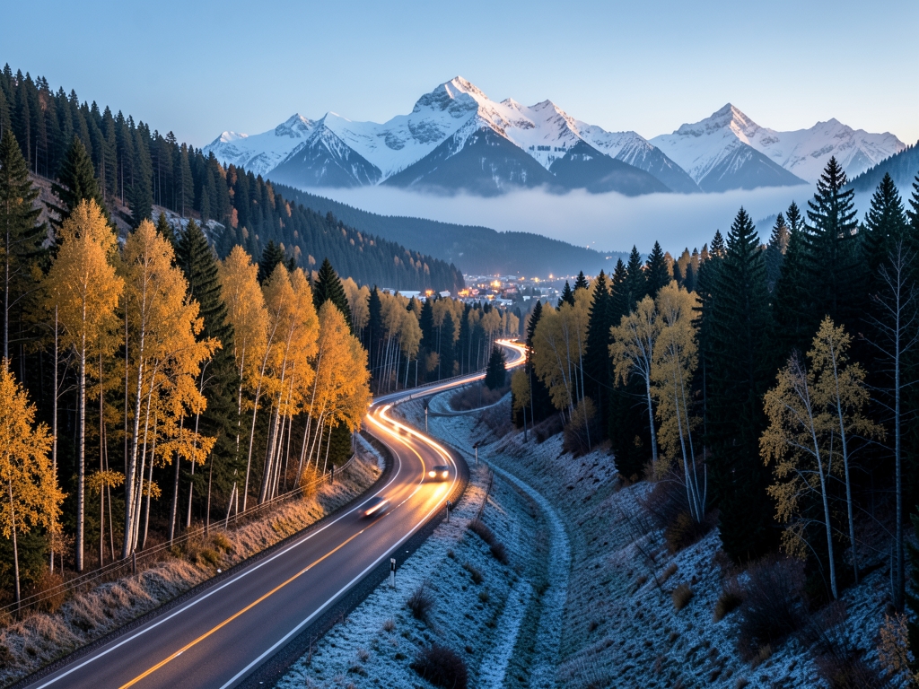 Winding two lane highway cutting through golden aspen evergreen