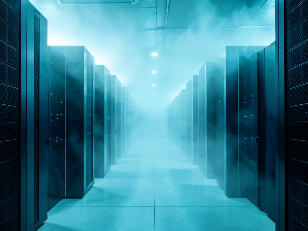 vast subterranean server hall bathed cool cyan light