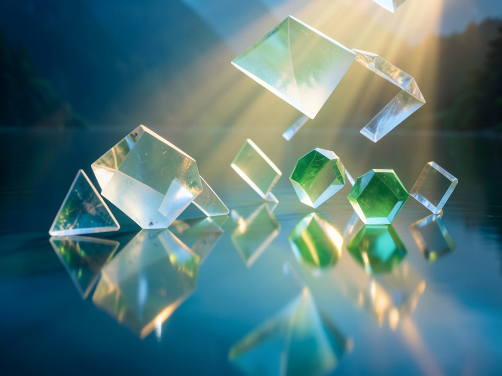 ethereal landscape floating geometric shards drifting over calm
