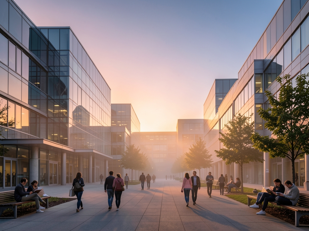 wide shot modern university campus golden hour glass