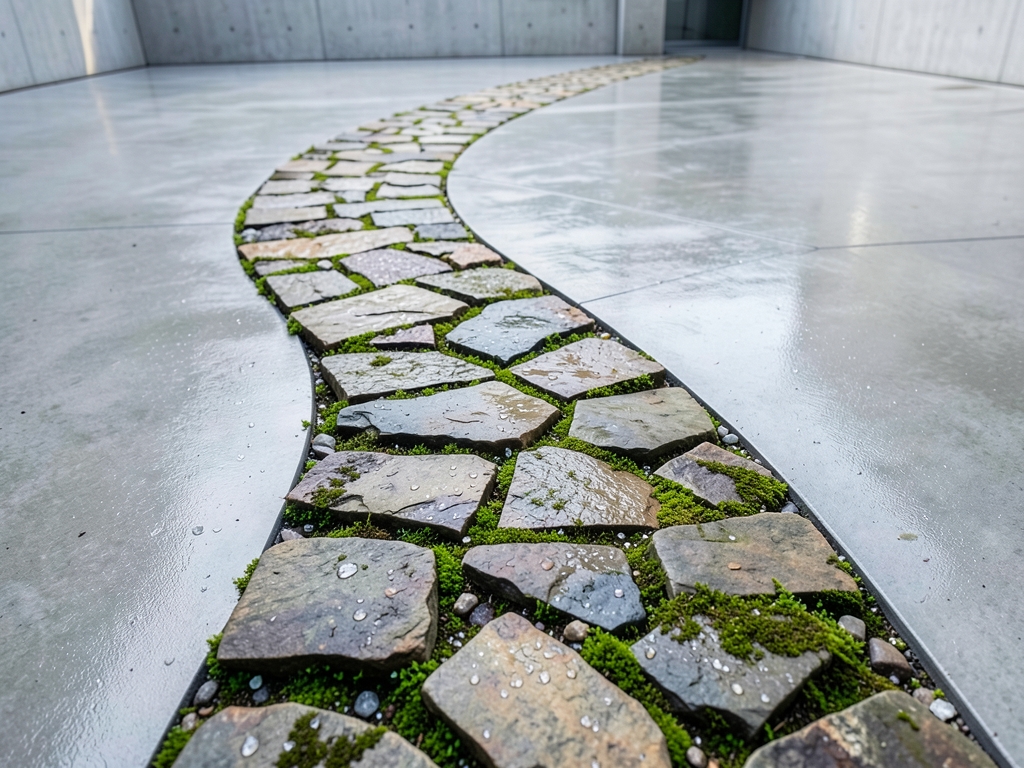 winding stone path through minimalist concrete courtyard soft