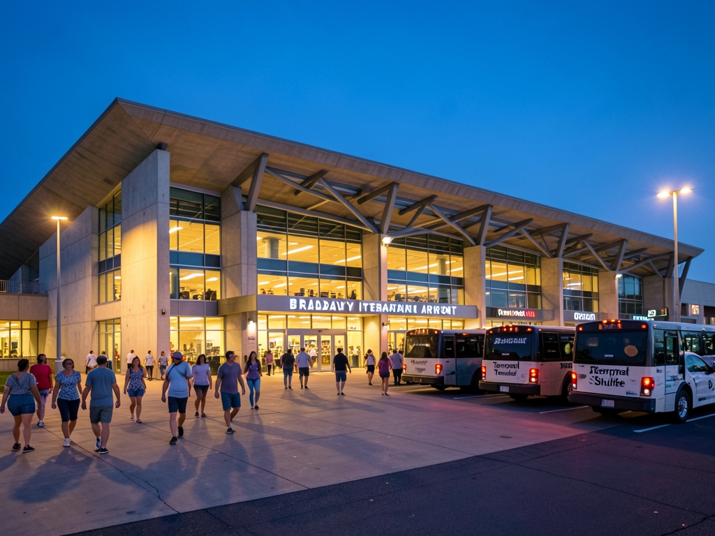 Bradley airport terminal exterior dusk with travelers walking