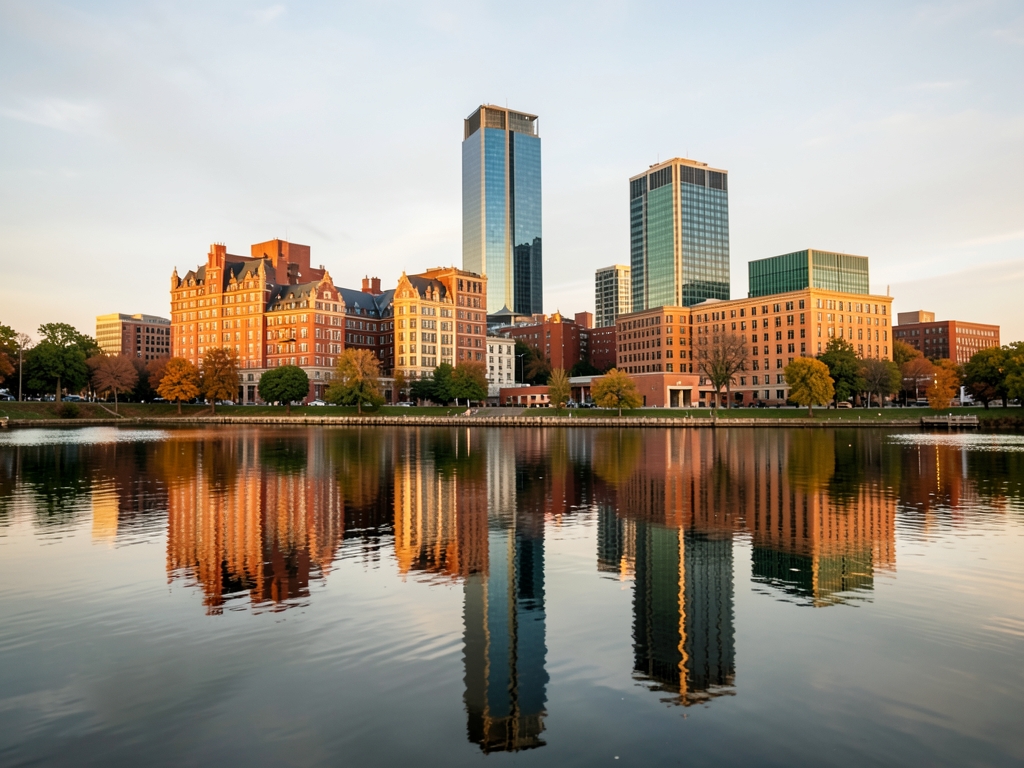 Hartford downtown skyline golden hour with brick hotel