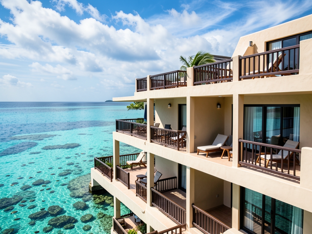 Hawaiian resort terraces pale stucco dark timber overlooking
