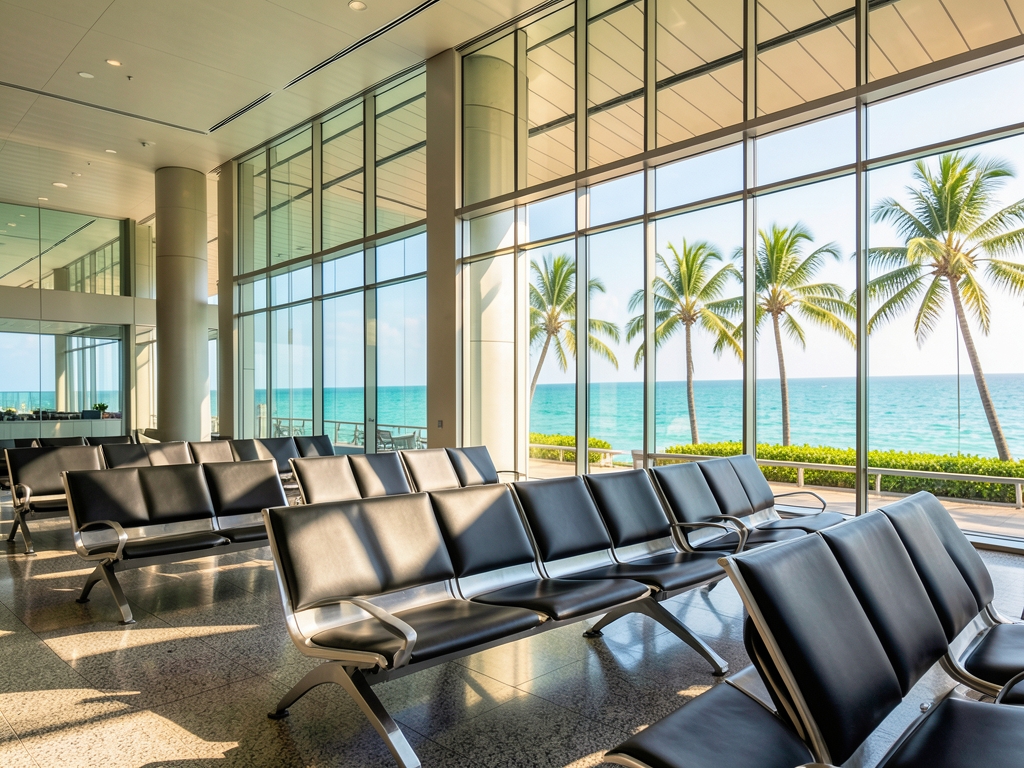 Sunlight streams through glass facade modern Honolulu terminal
