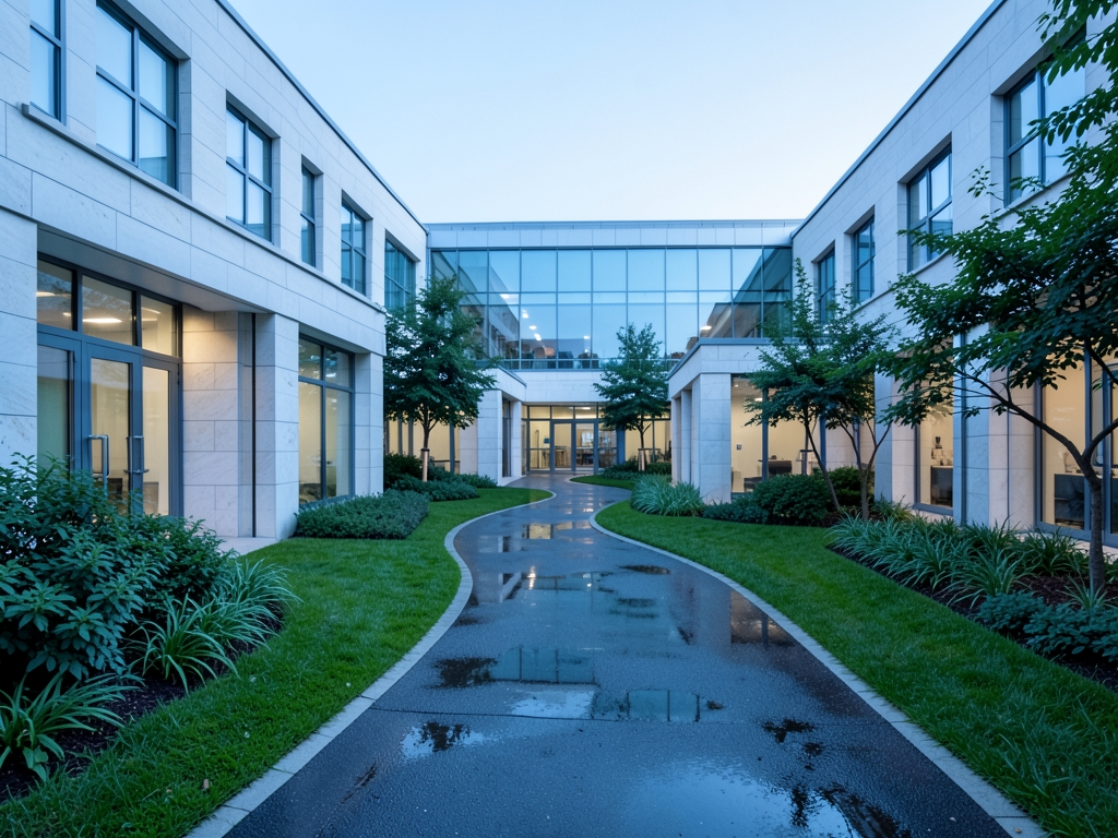 Modern hospital courtyard dawn pale stone glass winding