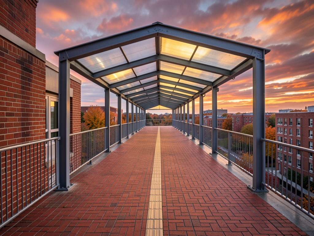 Elevated medical campus walkway beneath autumn clouds brick