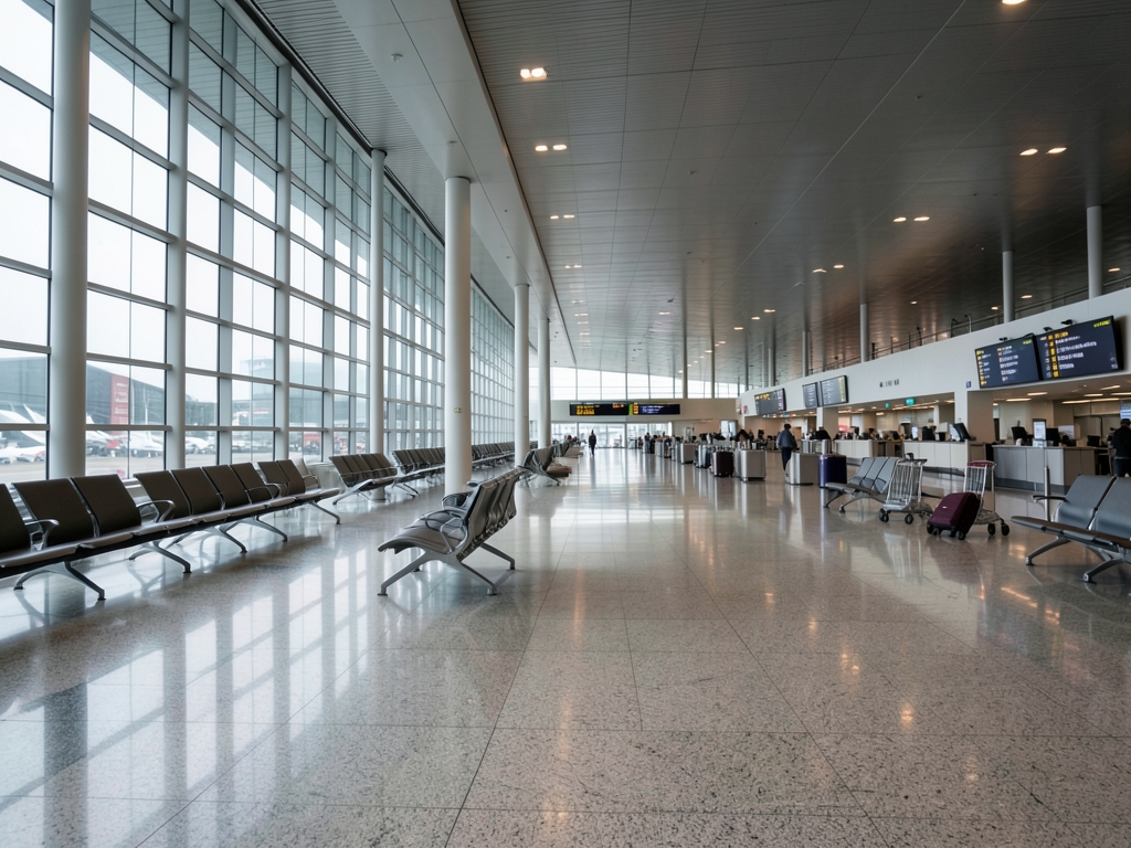 vast Heathrow terminal interior flooded with pale grey