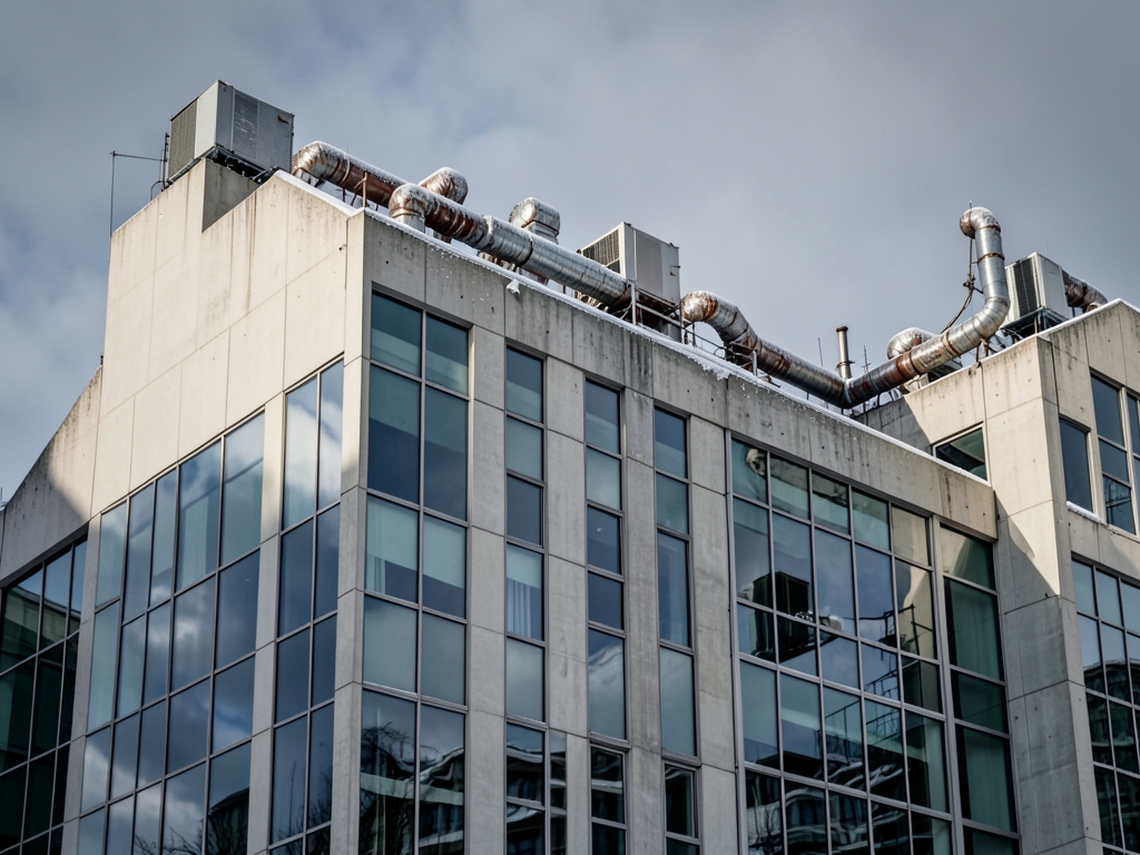 sprawling concrete and glass office complex with rooftop heating cooling