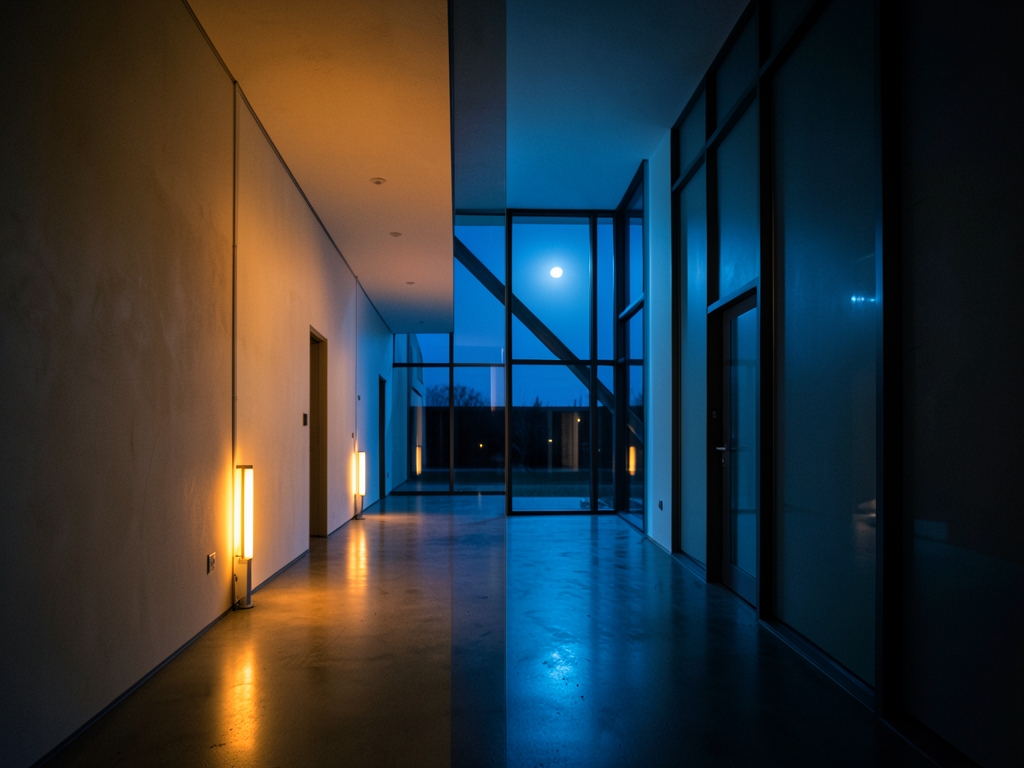 Empty modern building hallway night split between warm