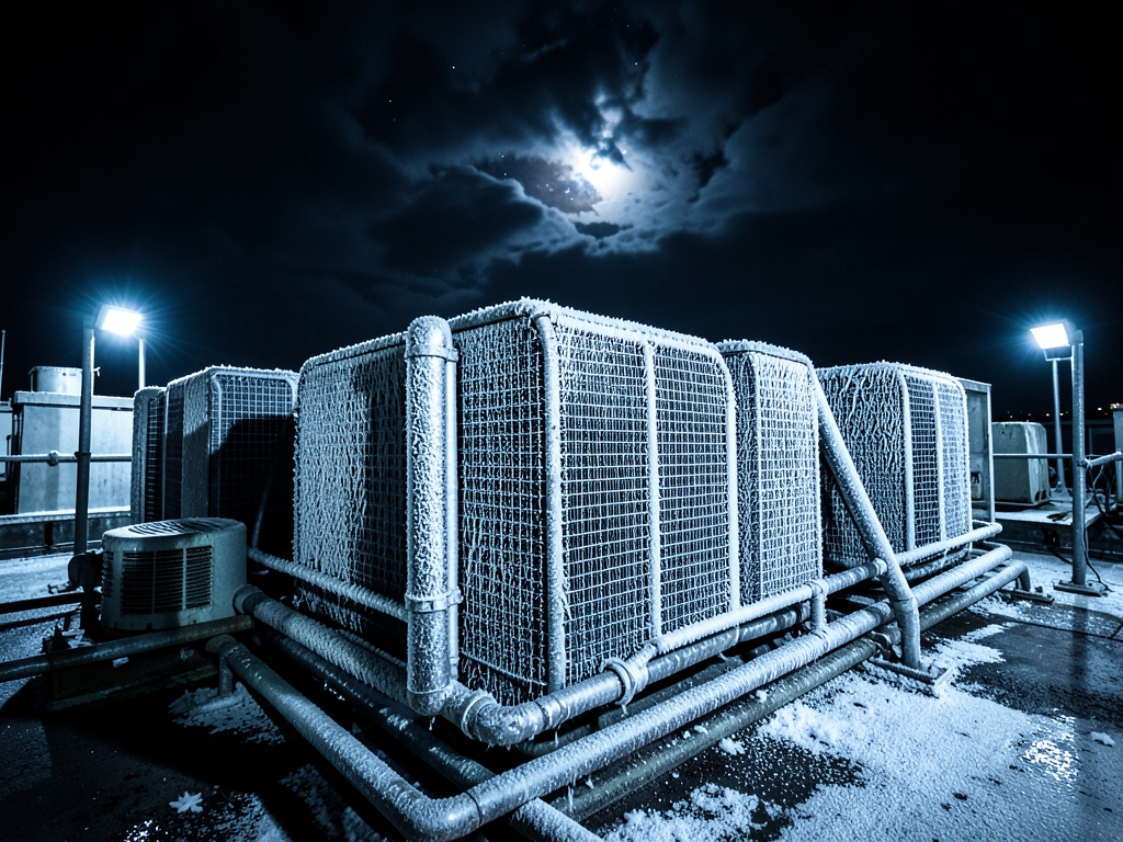 Nighttime industrial rooftop with large metal cooling coils