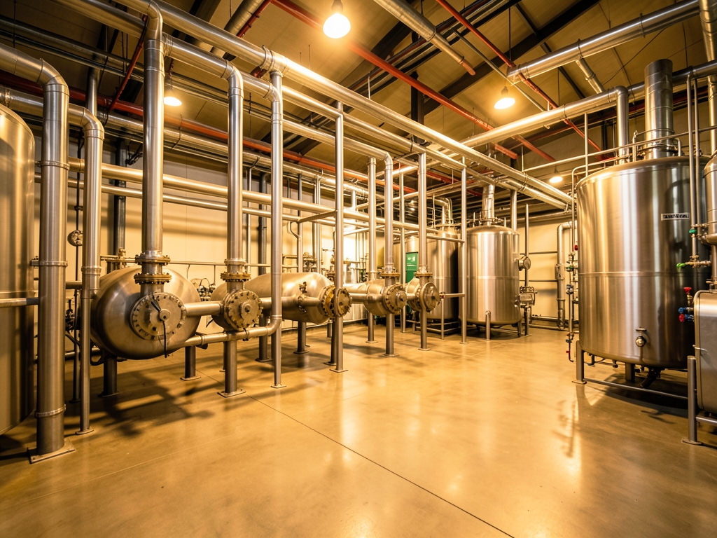 Spacious industrial boiler room with steel pipes metal