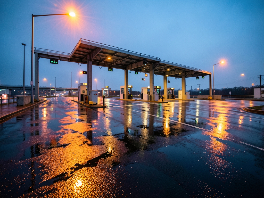 rain soaked toll plaza dusk seen from distance steel