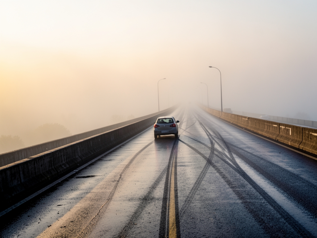 long concrete toll bridge vanishing into morning fog
